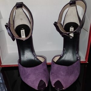 GUESS Remonia Purple Suede Peep-Toe Ankle Strap Heels